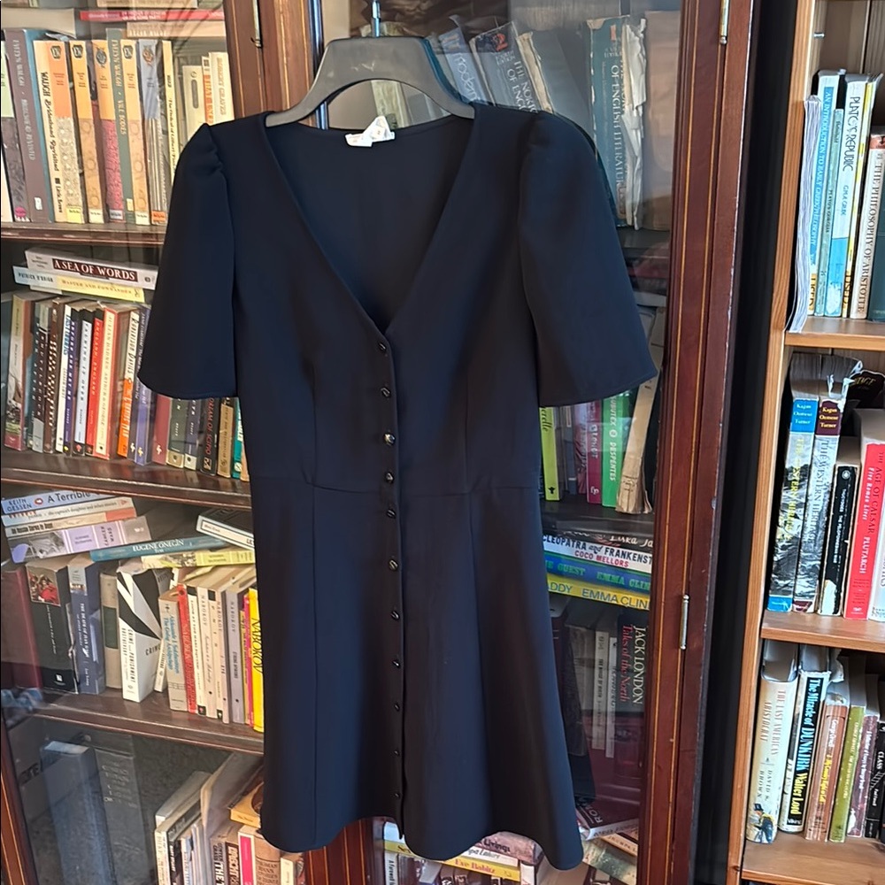 Sezane Black Buttoned Peplum V-Neck Mini Dress